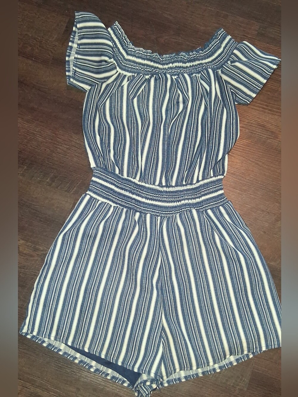 Charlotte Russe Y2k Blue and White Striped Off-Shoulder Romper